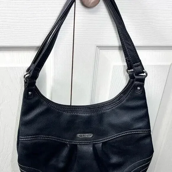 Black MultiSac Shoulder Bag Faux Leather Older Purse 3 Pockets 13" x 18 From Top - Picture 5 of 5